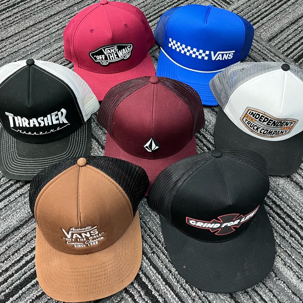 Skateboard hats lot: Vans, Volcom, Thrasher, Independent Trucks, Grind For Life